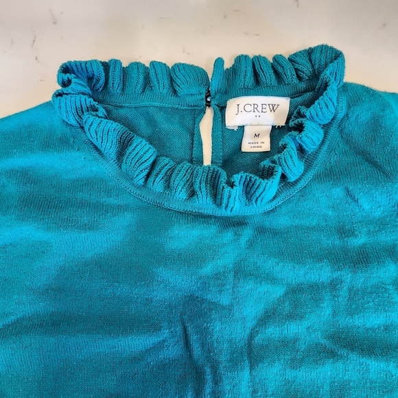 J. Crew 100% Cotton Sweater Teal Ruffle Neck Women's Medium M Keyhole Back EUC - Picture 3 of 9